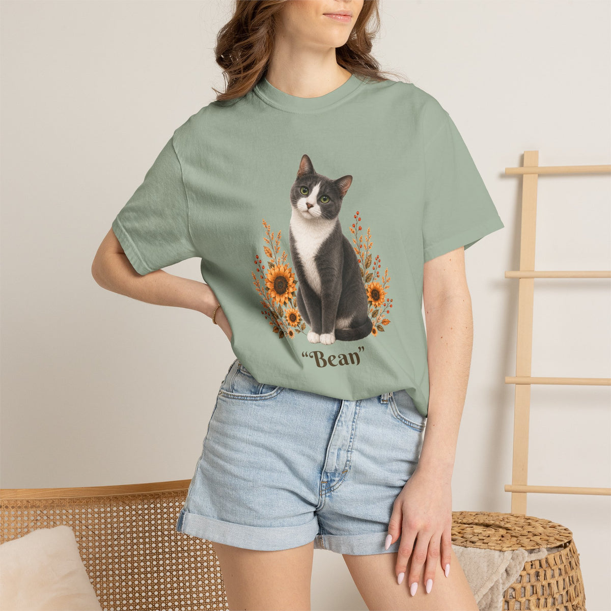 Personalized Blue Tuxedo Cat Sunflower Comfort Colors® T-Shirt