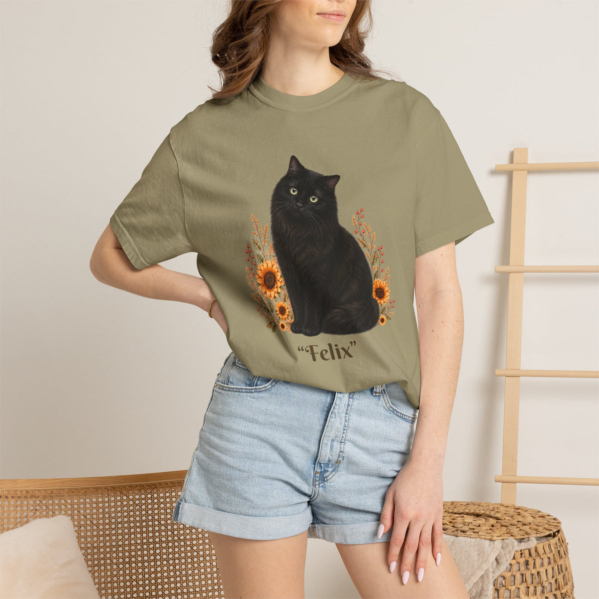 Personalized Black Cat  Sunflower Comfort Colors® T-Shirt