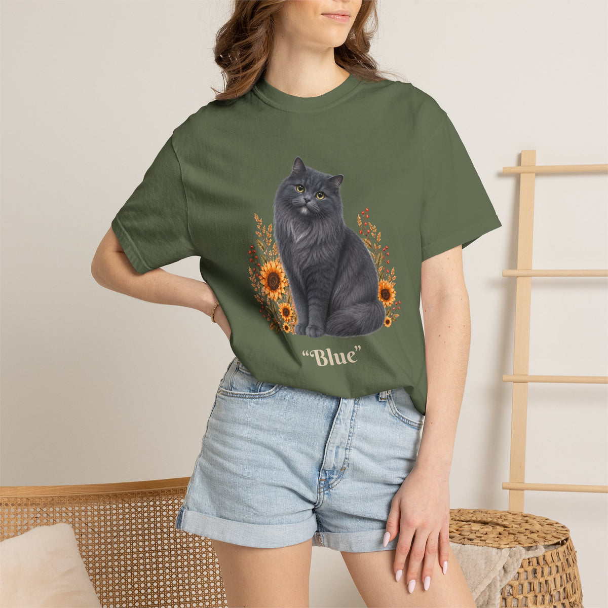 Personalized Blue Gray Longhair Cat Sunflower Comfort Colors® T-Shirt