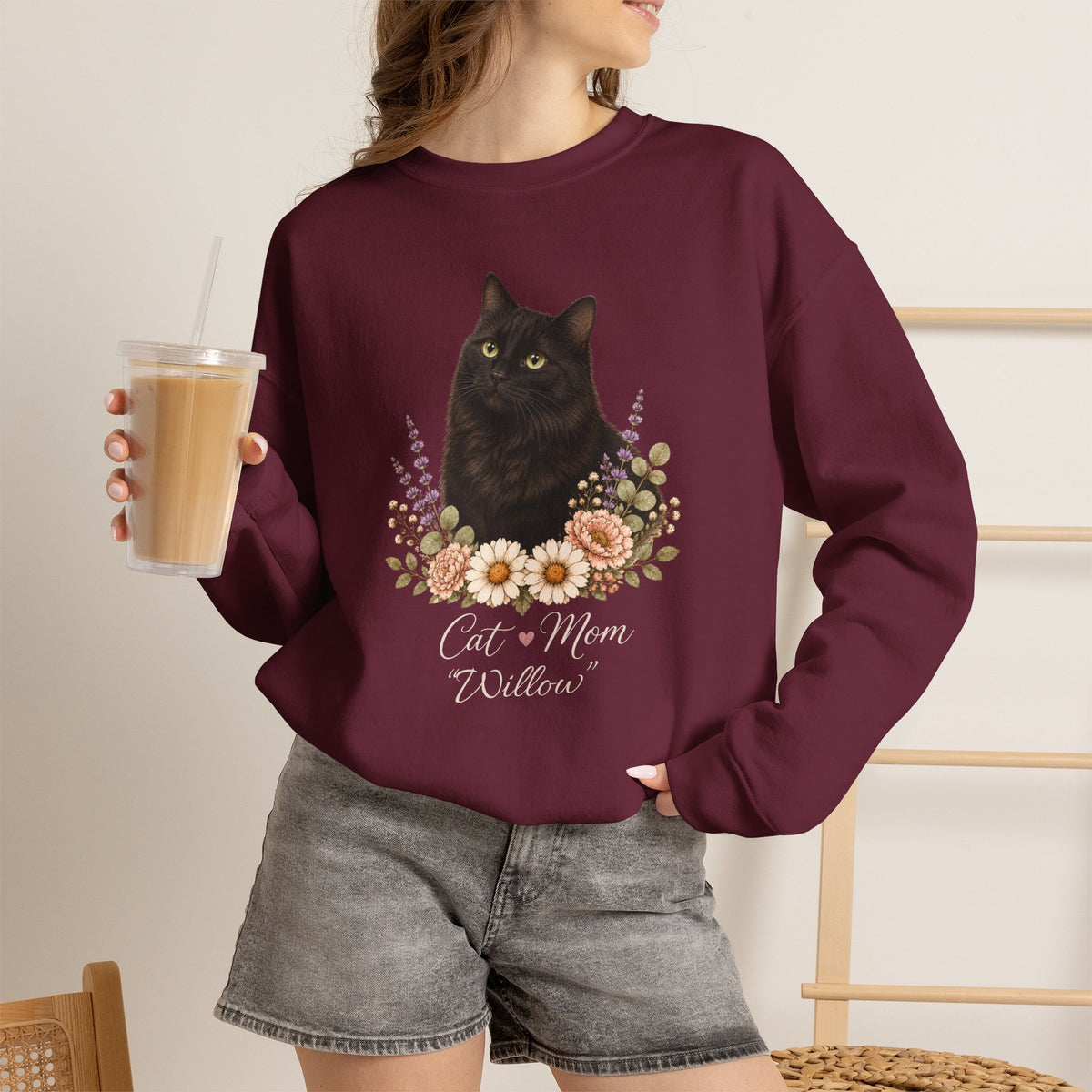 Personalized Black Cat Mom Gildan® Sweatshirt