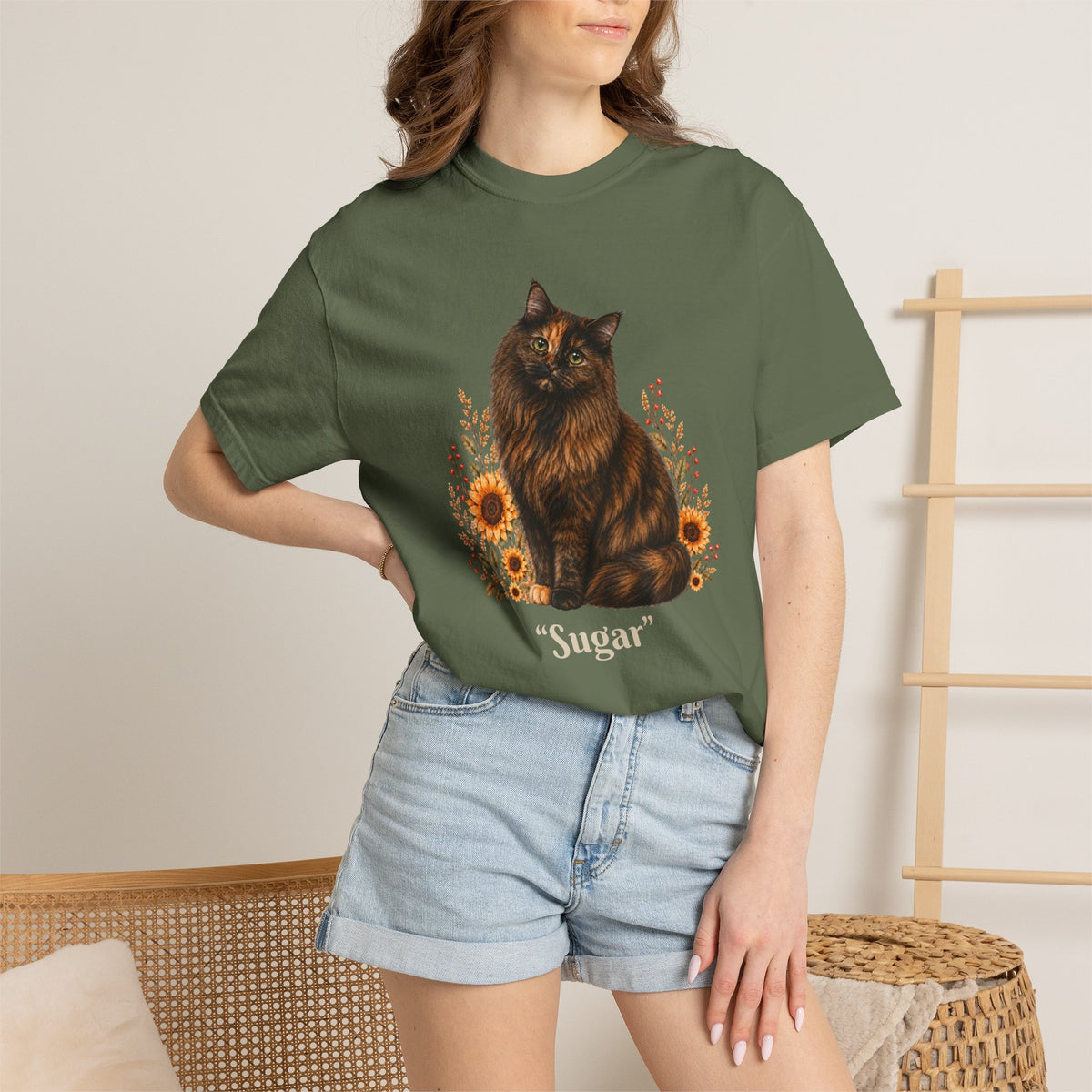 Personalized Tortoiseshell Cat  Sunflower Comfort Colors® T-Shirt