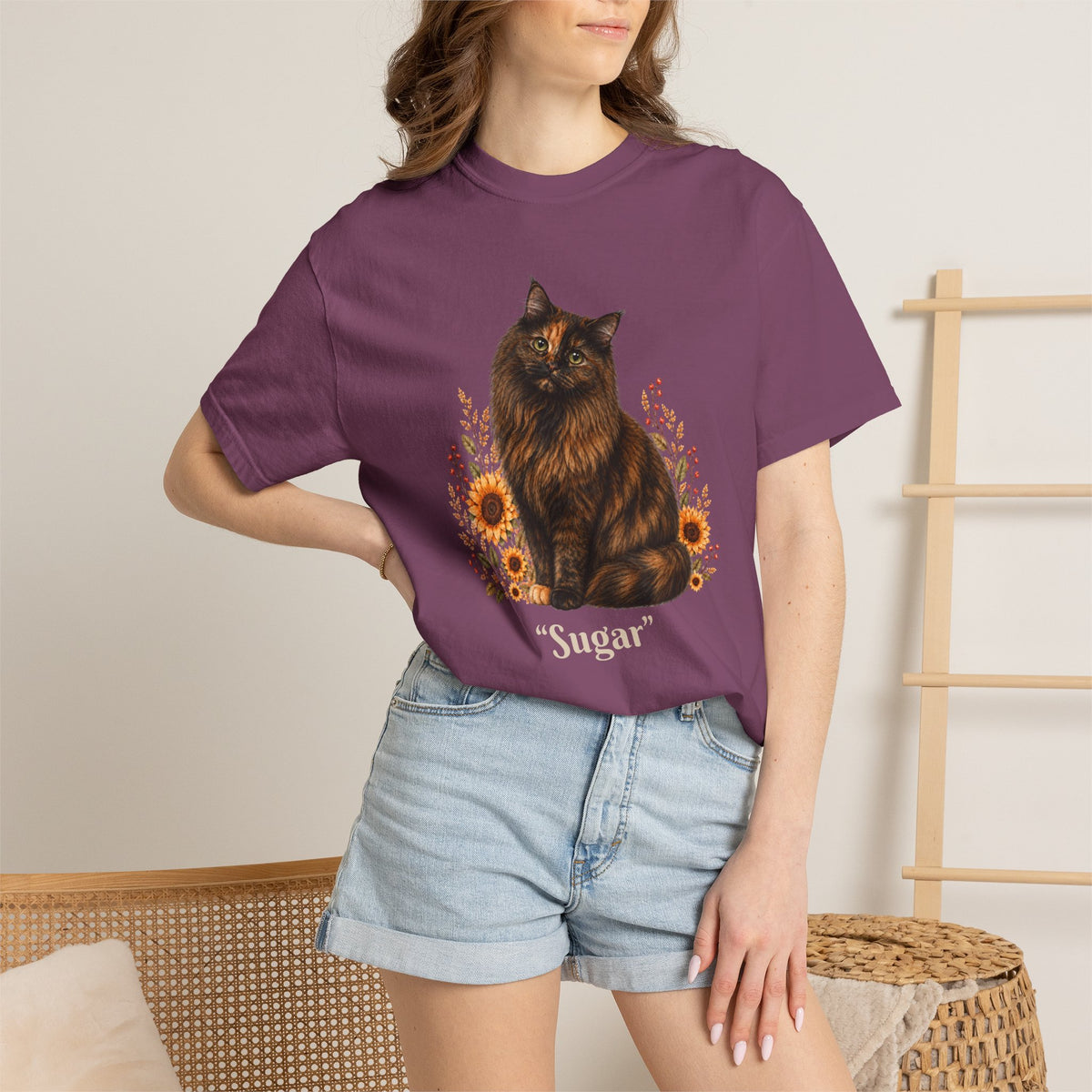 Personalized Tortoiseshell Cat  Sunflower Comfort Colors® T-Shirt