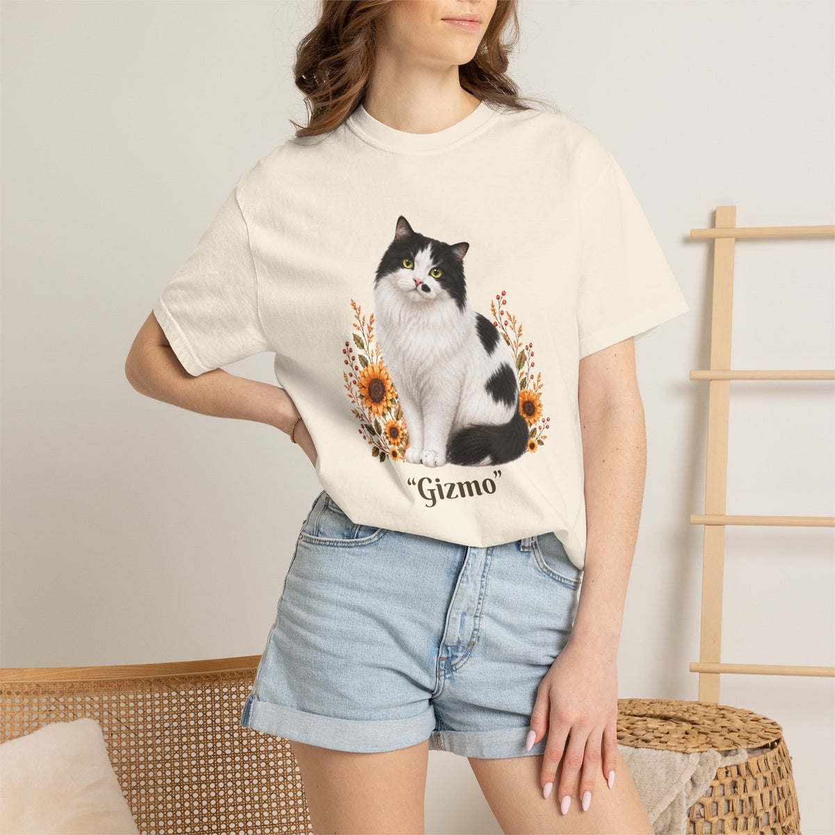 Personalized Black and White Cat  Sunflower Comfort Colors® T-Shirt