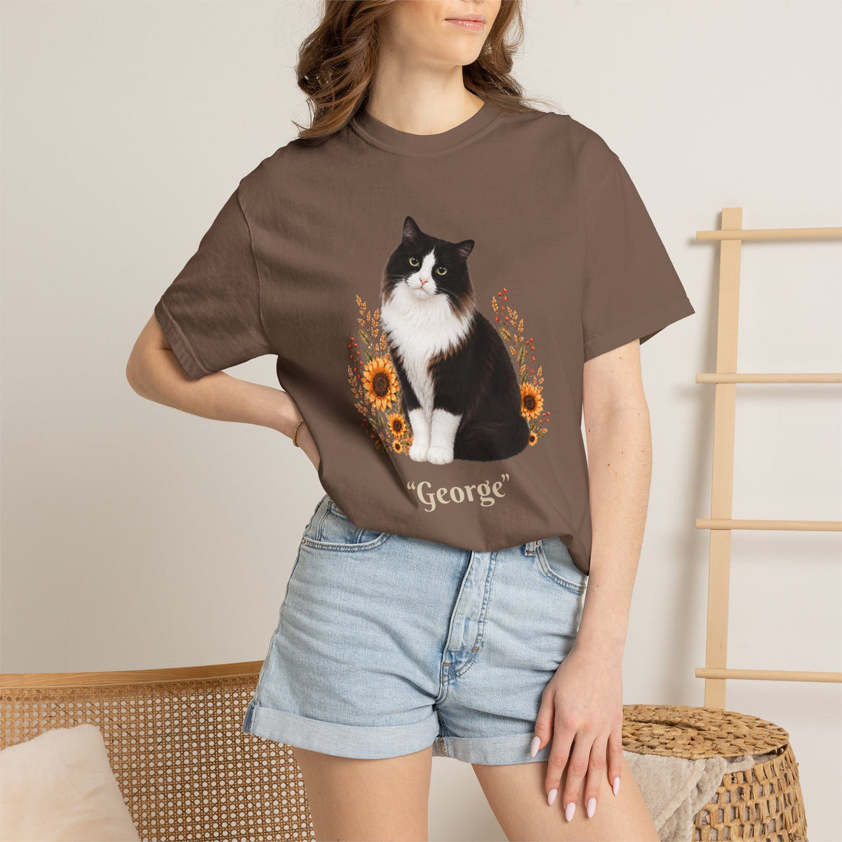 Personalized Black and White Cat  Sunflower Comfort Colors® T-Shirt
