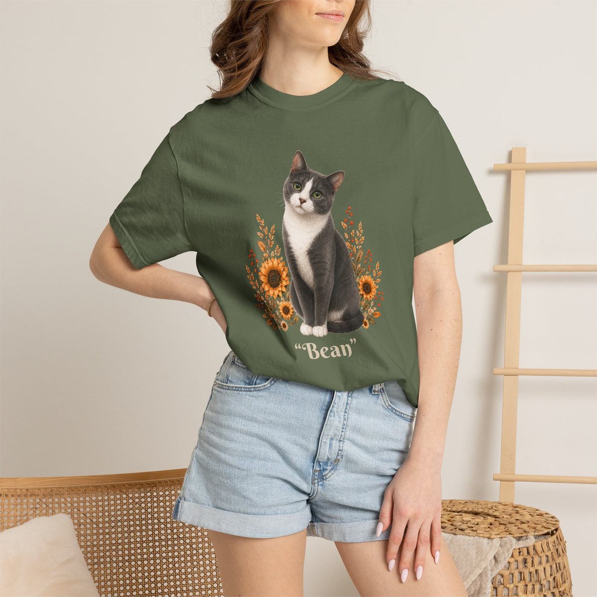 Personalized Blue Tuxedo Cat Sunflower Comfort Colors® T-Shirt