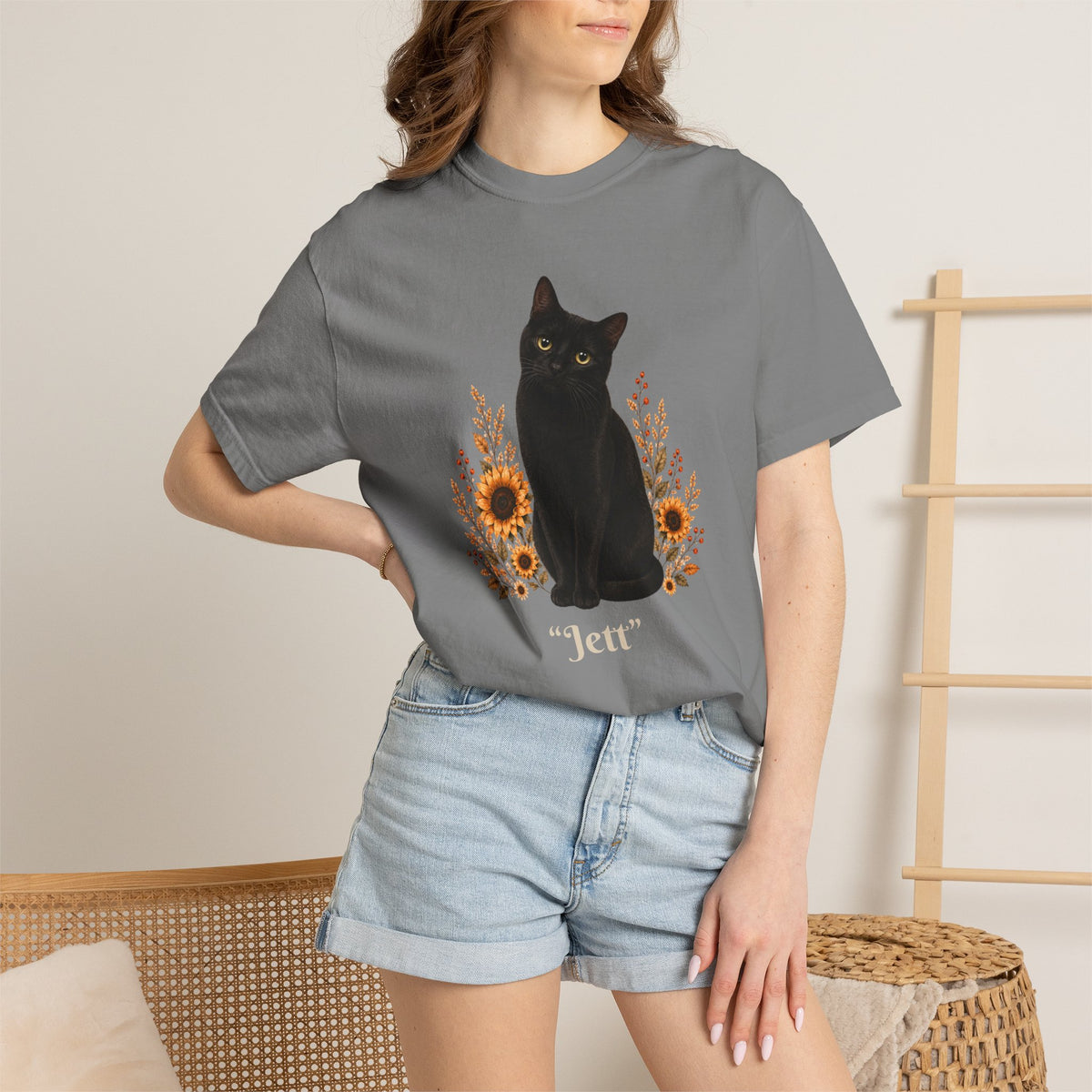 Personalized Black Cat  Sunflower Comfort Colors® T-Shirt