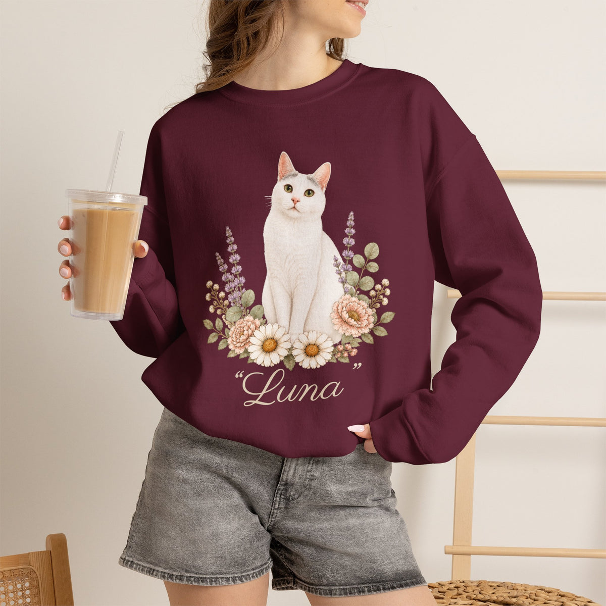 Personalized White Cat Mom Sweatshirt