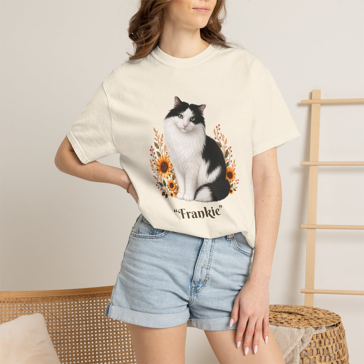 Personalized Black and White Cat  Sunflower Comfort Colors® T-Shirt