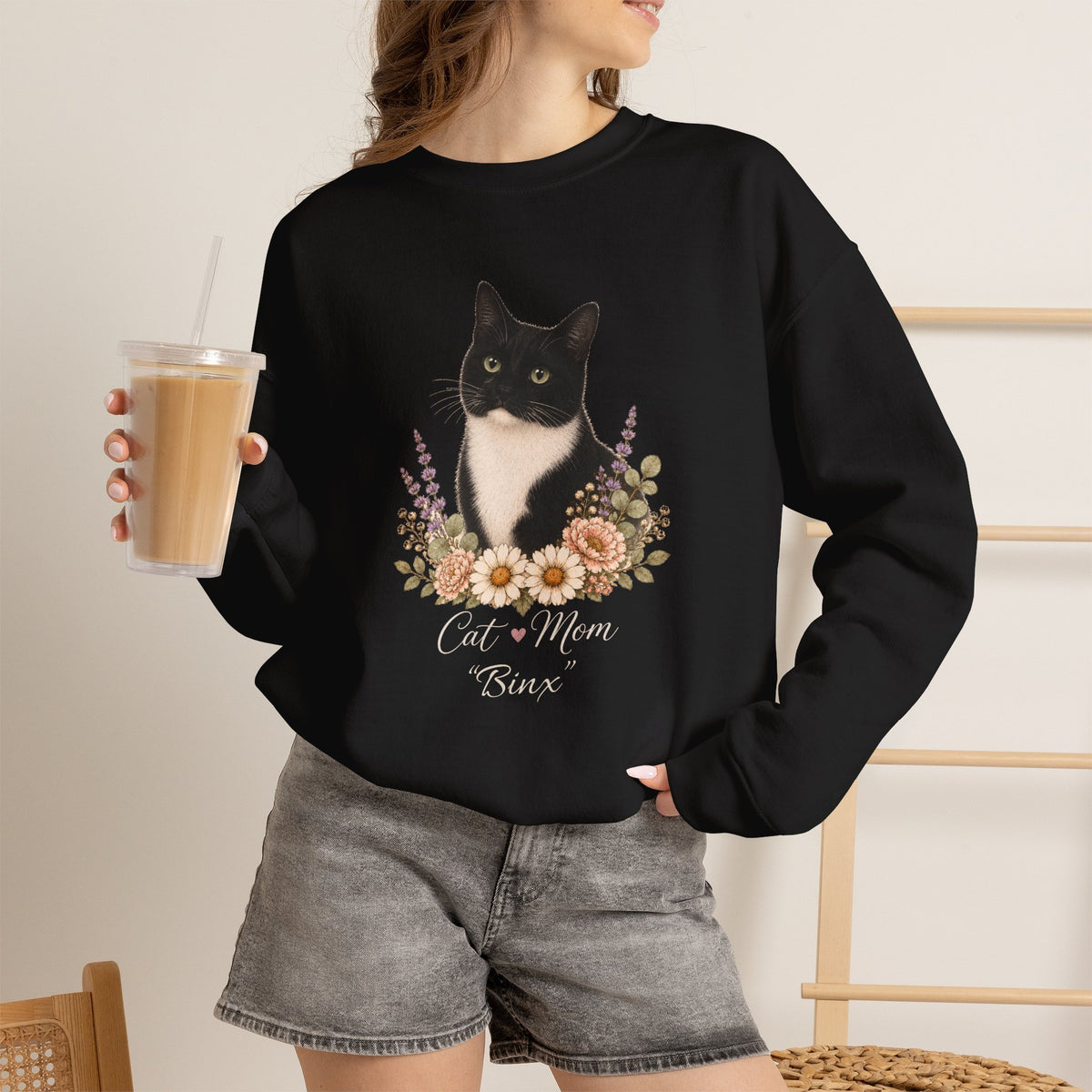 Personalized Black and White Cat Mom Gildan® Sweatshirt