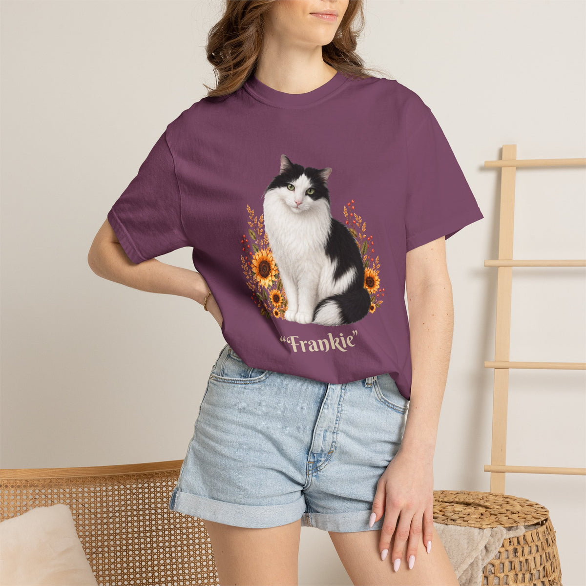 Personalized Black and White Cat  Sunflower Comfort Colors® T-Shirt