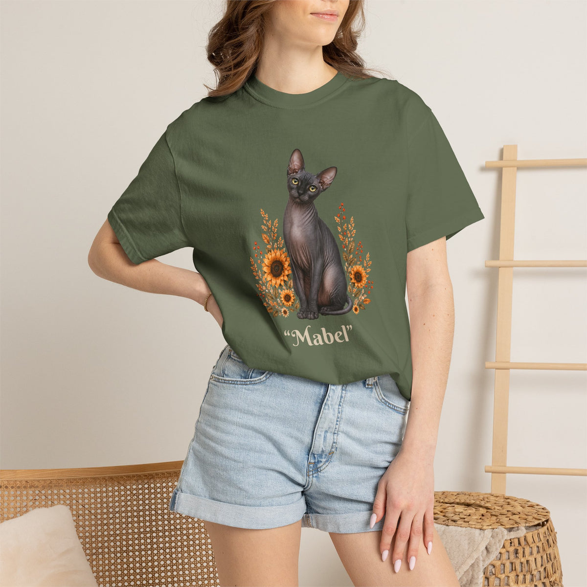 Personalized Charcoal Sphinx Cat Sunflower Comfort Colors® T-Shirt