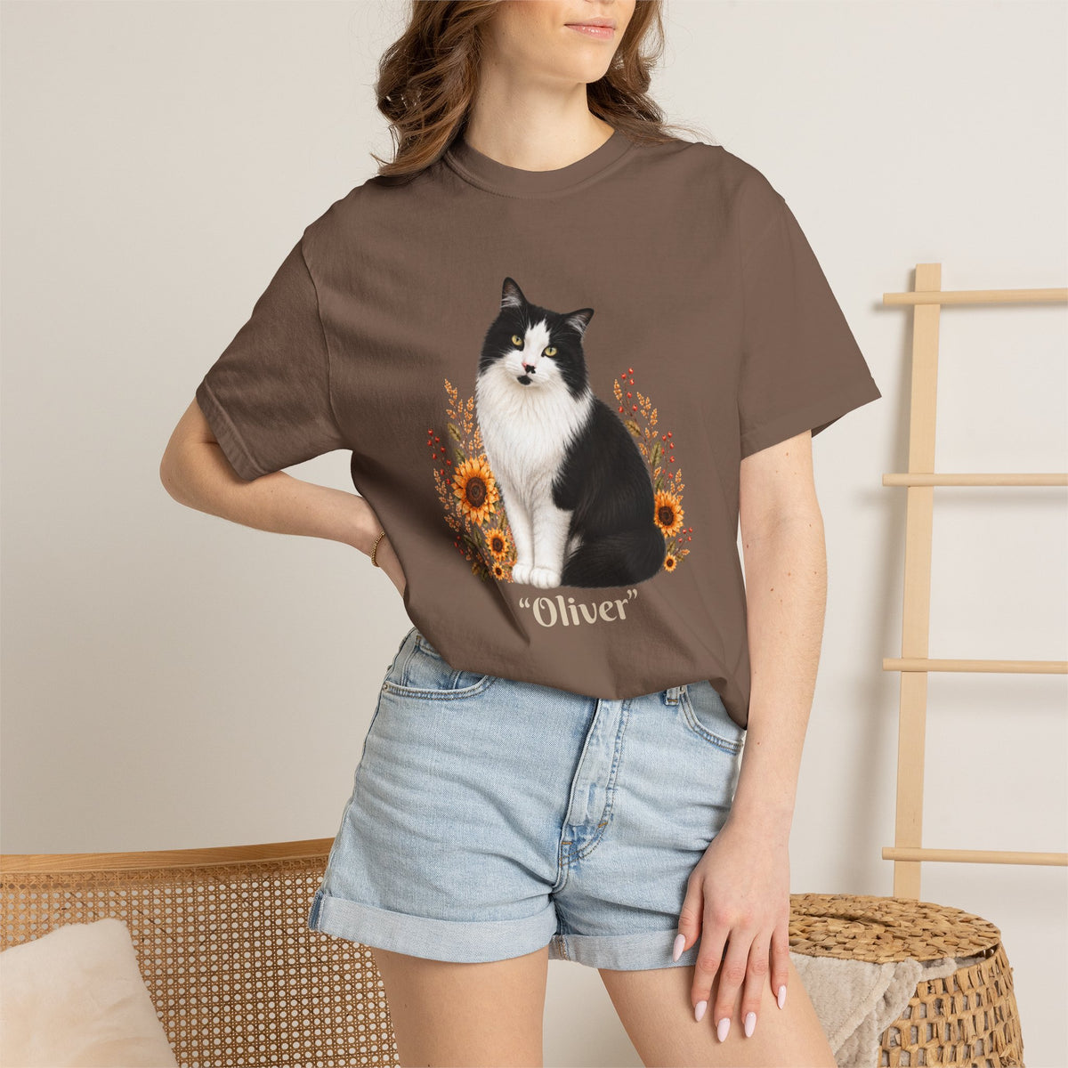 Personalized Tuxedo Cat Sunflower Comfort Colors® T-Shirt