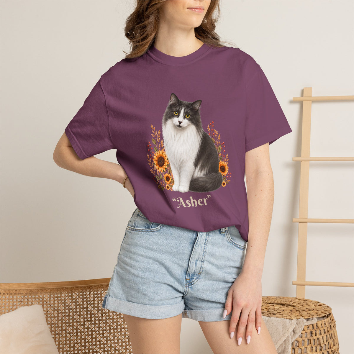 Personalized Gray Cat Sunflower Comfort Colors® T-Shirt