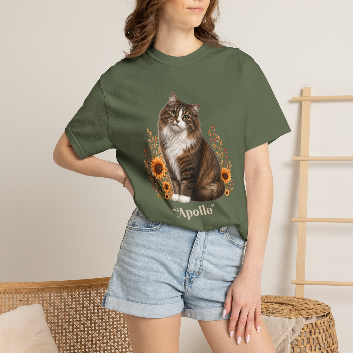 Personalized Longhair Tabby Cat  Sunflower Comfort Colors® T-Shirt
