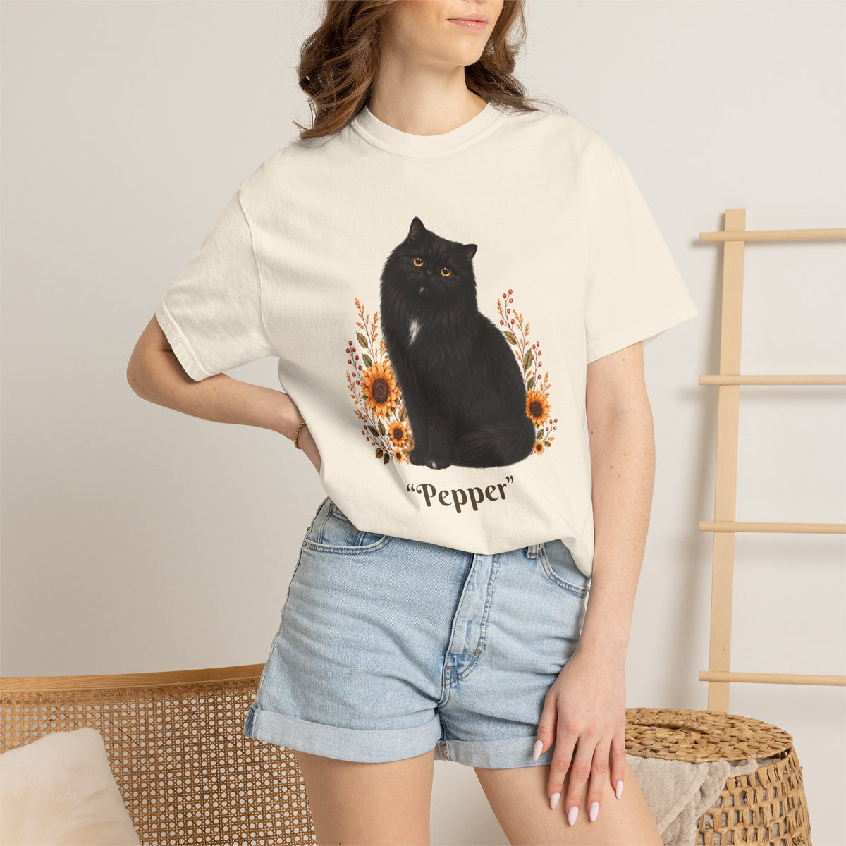 Personalized Black Cat  Sunflower Comfort Colors® T-Shirt
