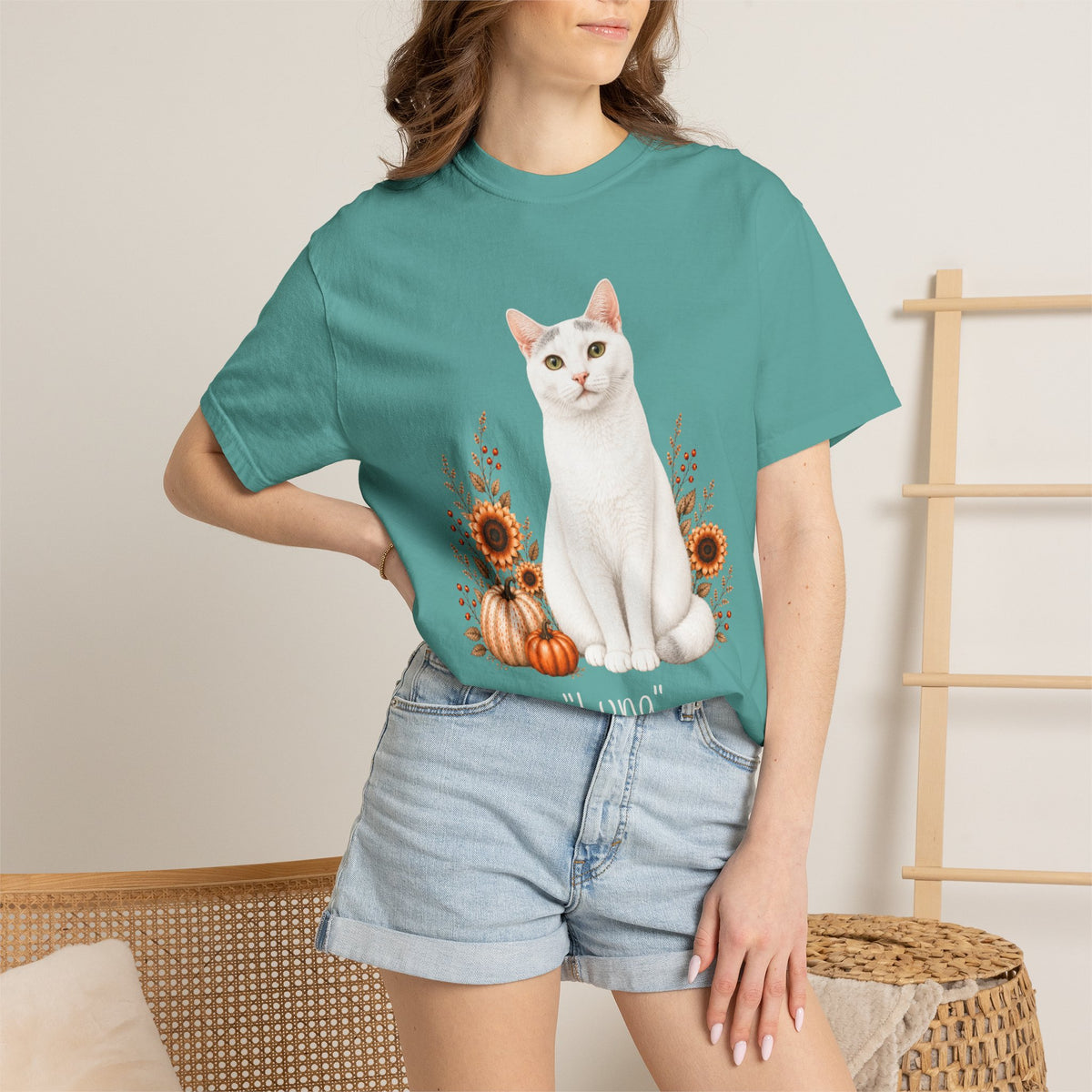 Personalized White Cat Sunflower Comfort Colors® T-Shirt