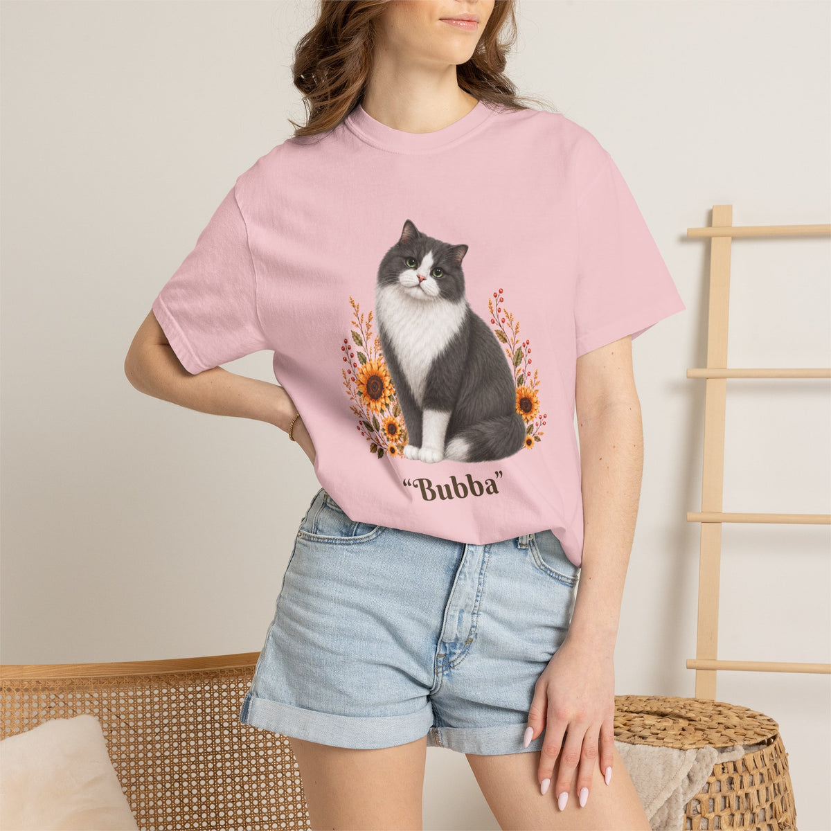 Personalized Black Gray Longhair Cat Sunflower Comfort Colors® T-Shirt