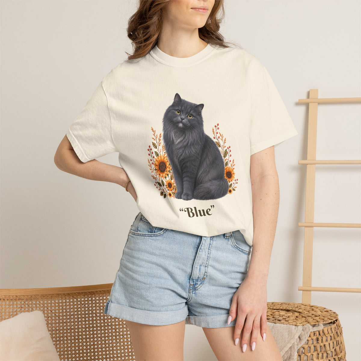 Personalized Blue Gray Longhair Cat Sunflower Comfort Colors® T-Shirt