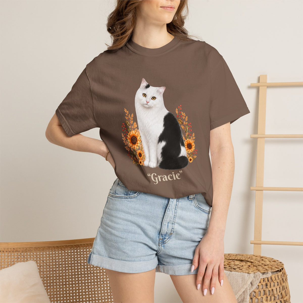 Personalized Black and White Cat  Sunflower Comfort Colors® T-Shirt