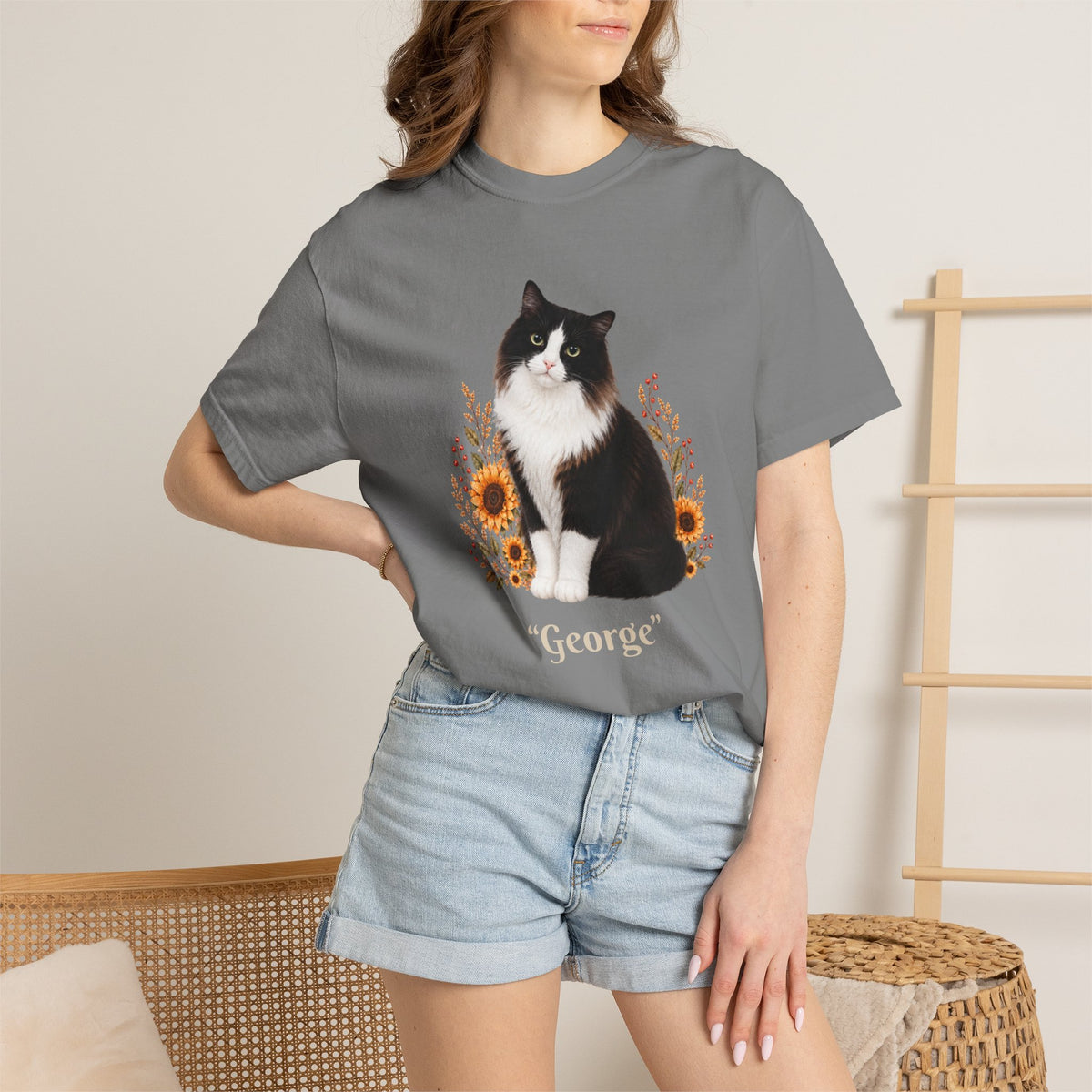 Personalized Black and White Cat  Sunflower Comfort Colors® T-Shirt