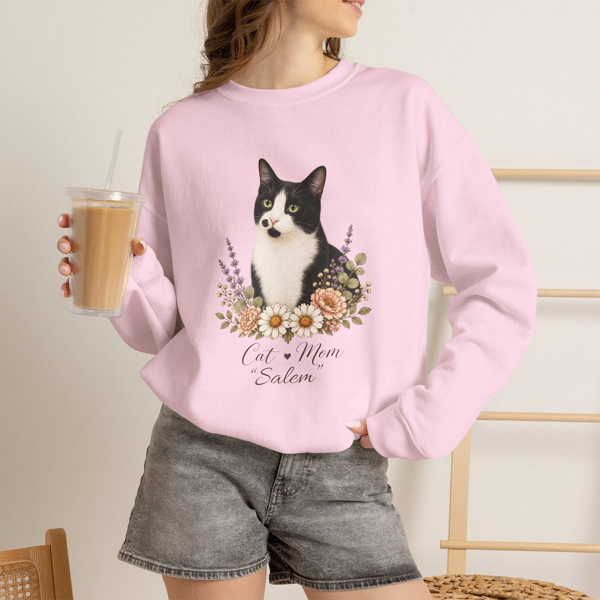 Personalized Black and White Cat Mom Gildan® Sweatshirt