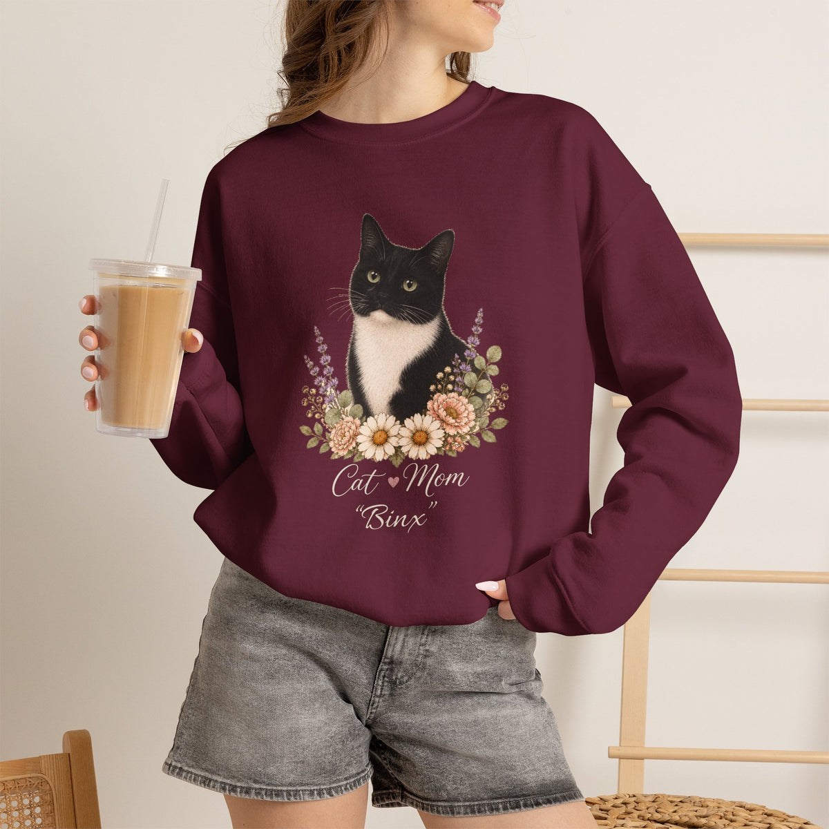 Personalized Black and White Cat Mom Gildan® Sweatshirt