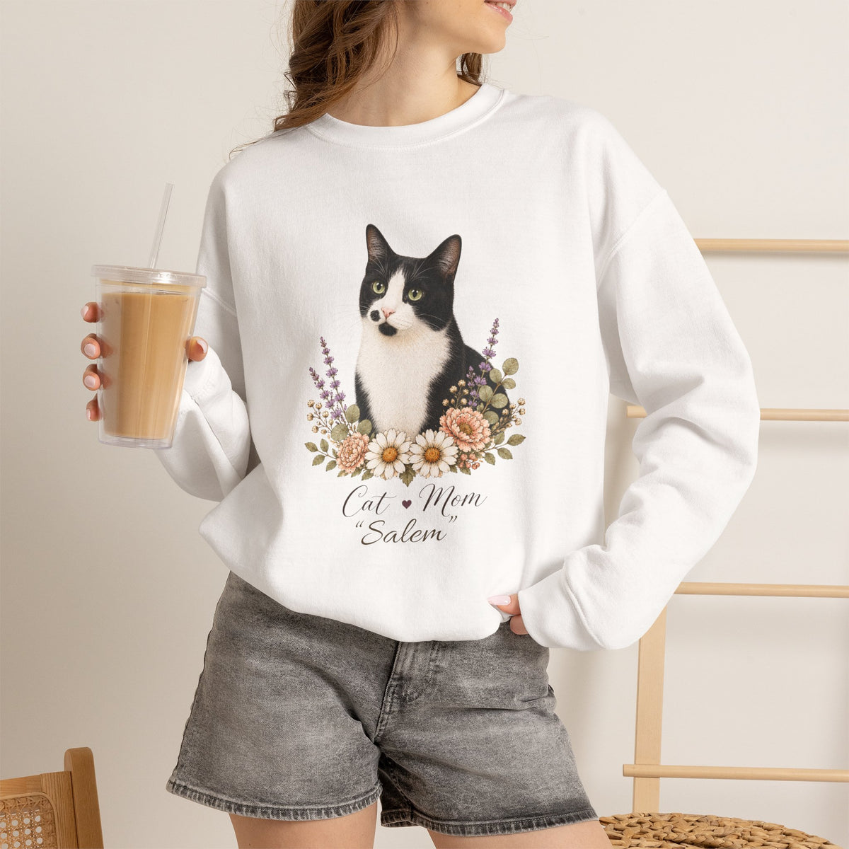 Personalized Black and White Cat Mom Gildan® Sweatshirt