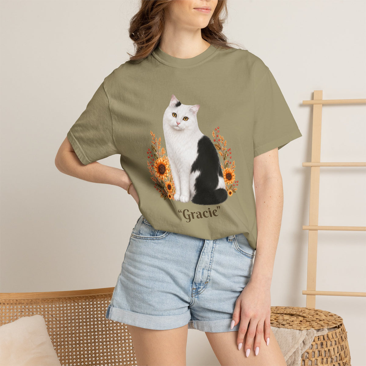 Personalized Black and White Cat  Sunflower Comfort Colors® T-Shirt
