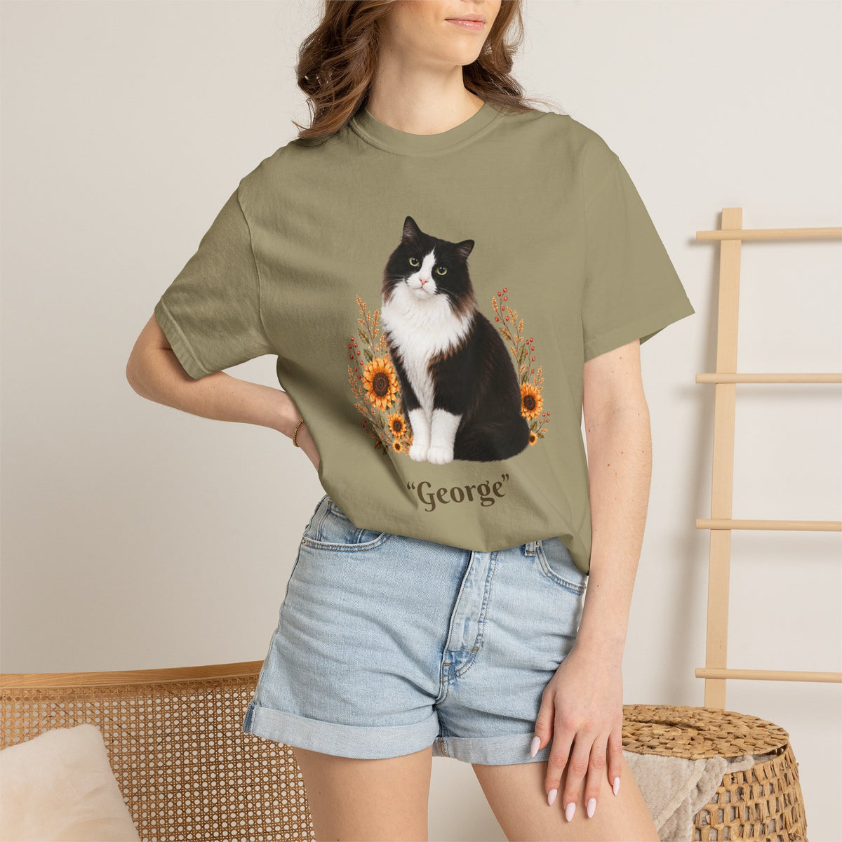Personalized Black and White Cat  Sunflower Comfort Colors® T-Shirt