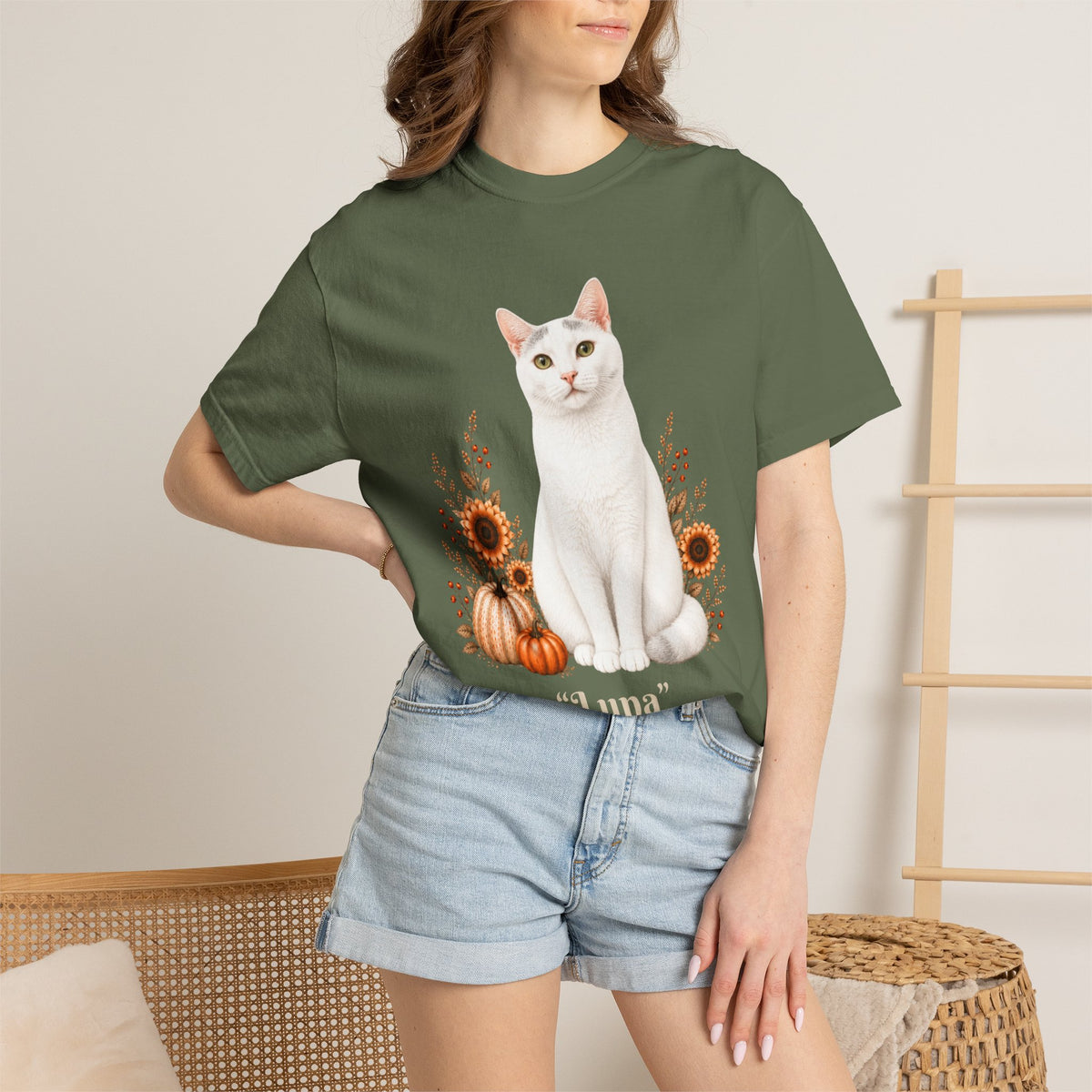 Personalized White Cat Sunflower Comfort Colors® T-Shirt
