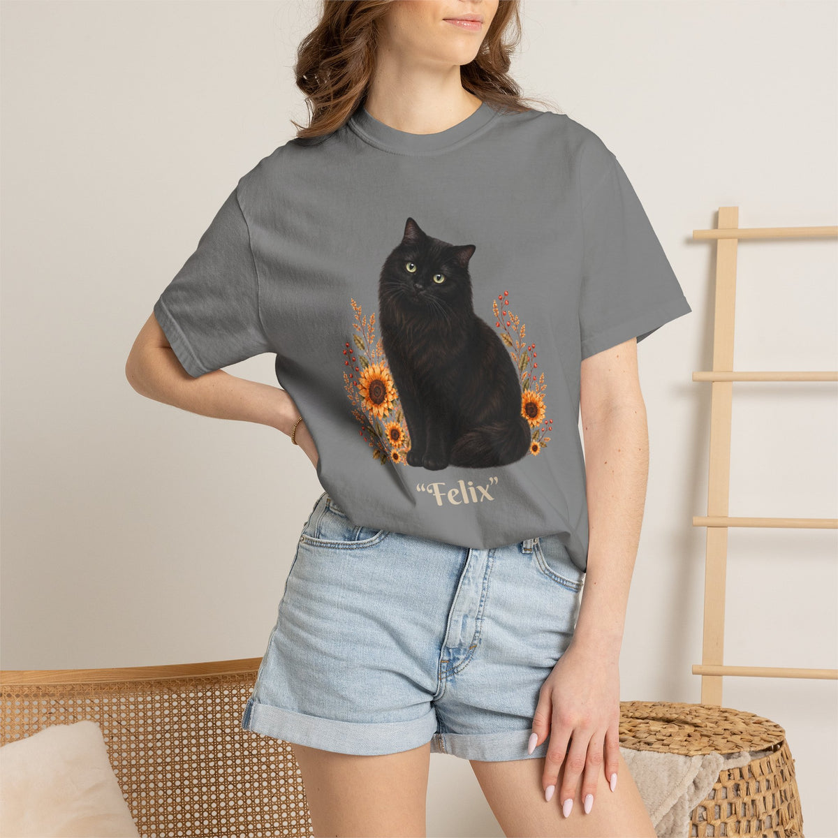 Personalized Black Cat  Sunflower Comfort Colors® T-Shirt