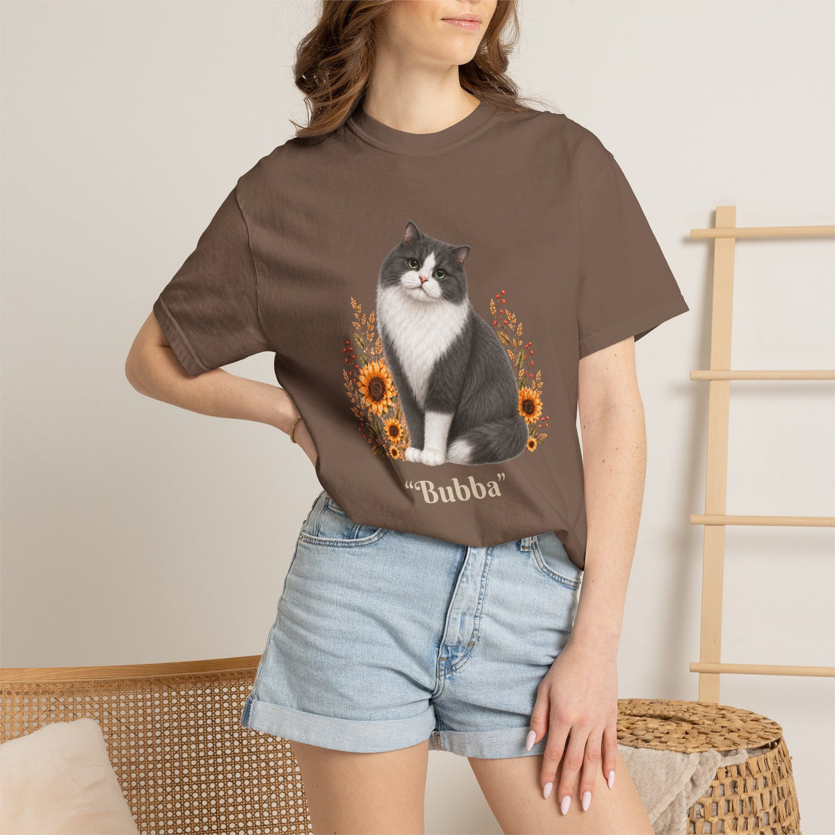 Personalized Black Gray Longhair Cat Sunflower Comfort Colors® T-Shirt