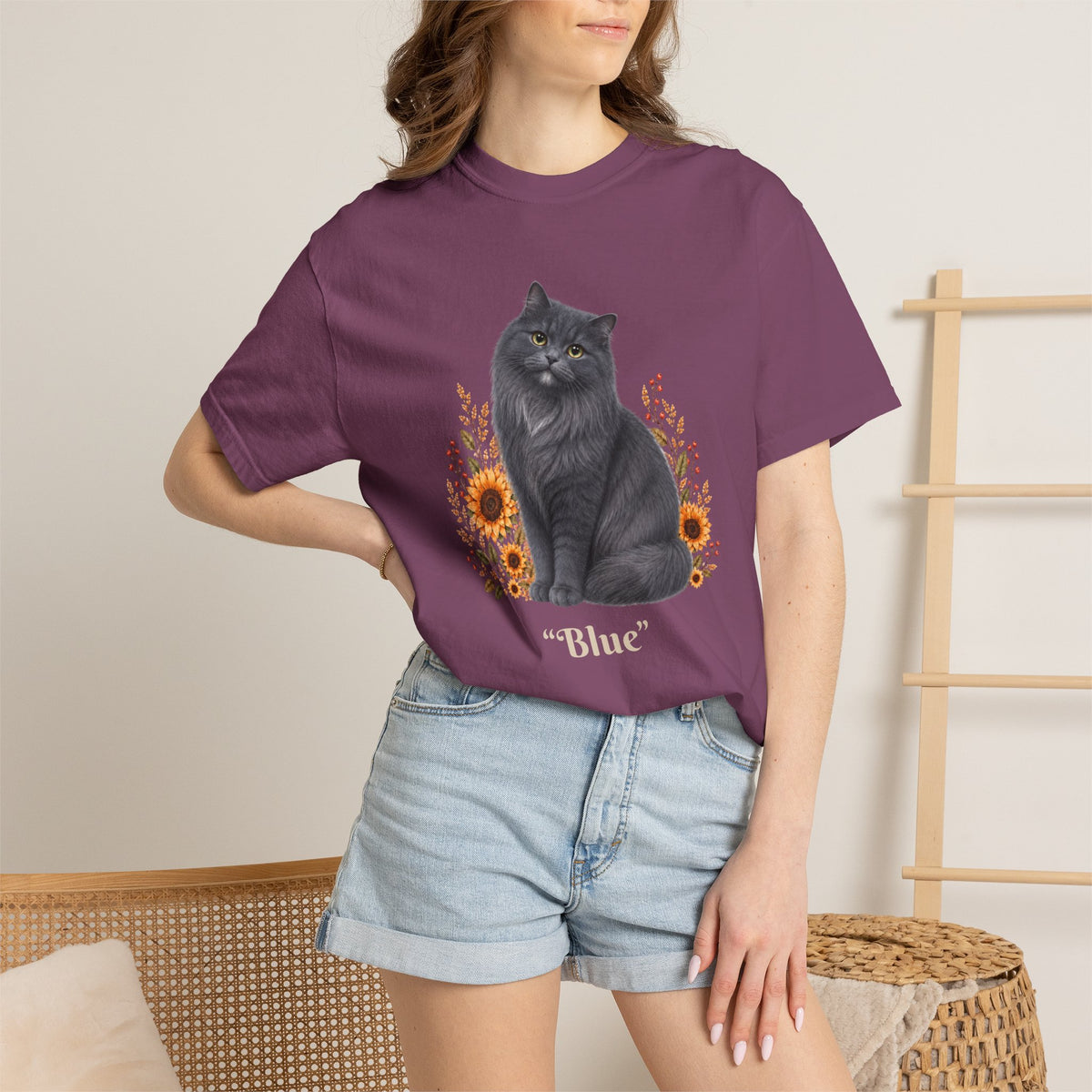 Personalized Blue Gray Longhair Cat Sunflower Comfort Colors® T-Shirt