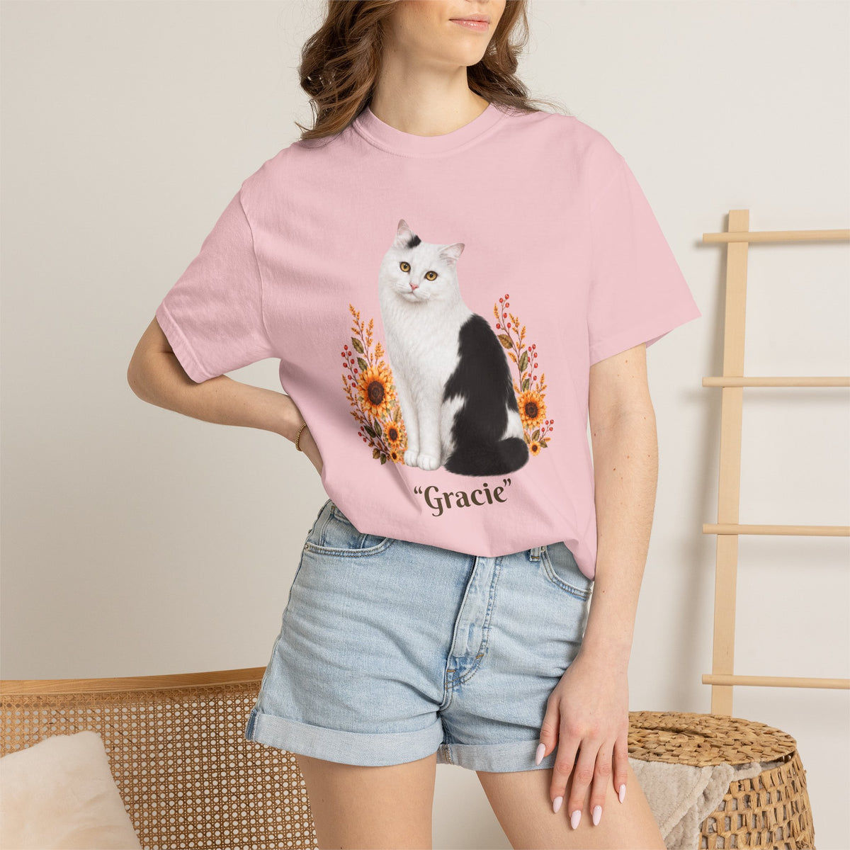 Personalized Black and White Cat  Sunflower Comfort Colors® T-Shirt