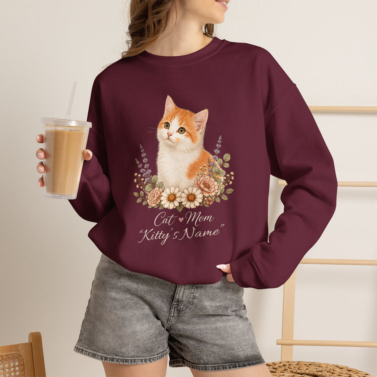 Personalized Orange and White Cat Mom Gildan® Sweatshirt