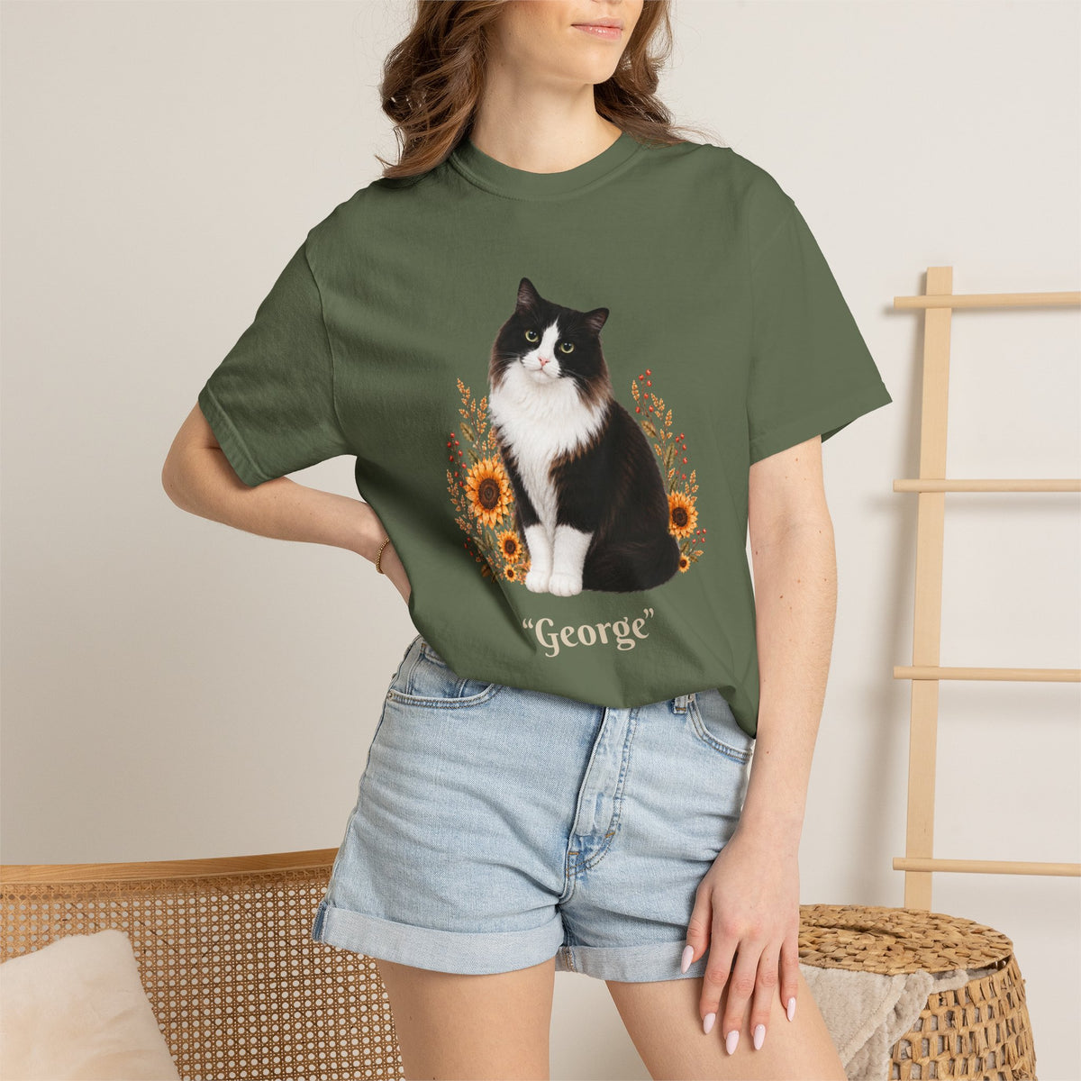 Personalized Black and White Cat  Sunflower Comfort Colors® T-Shirt