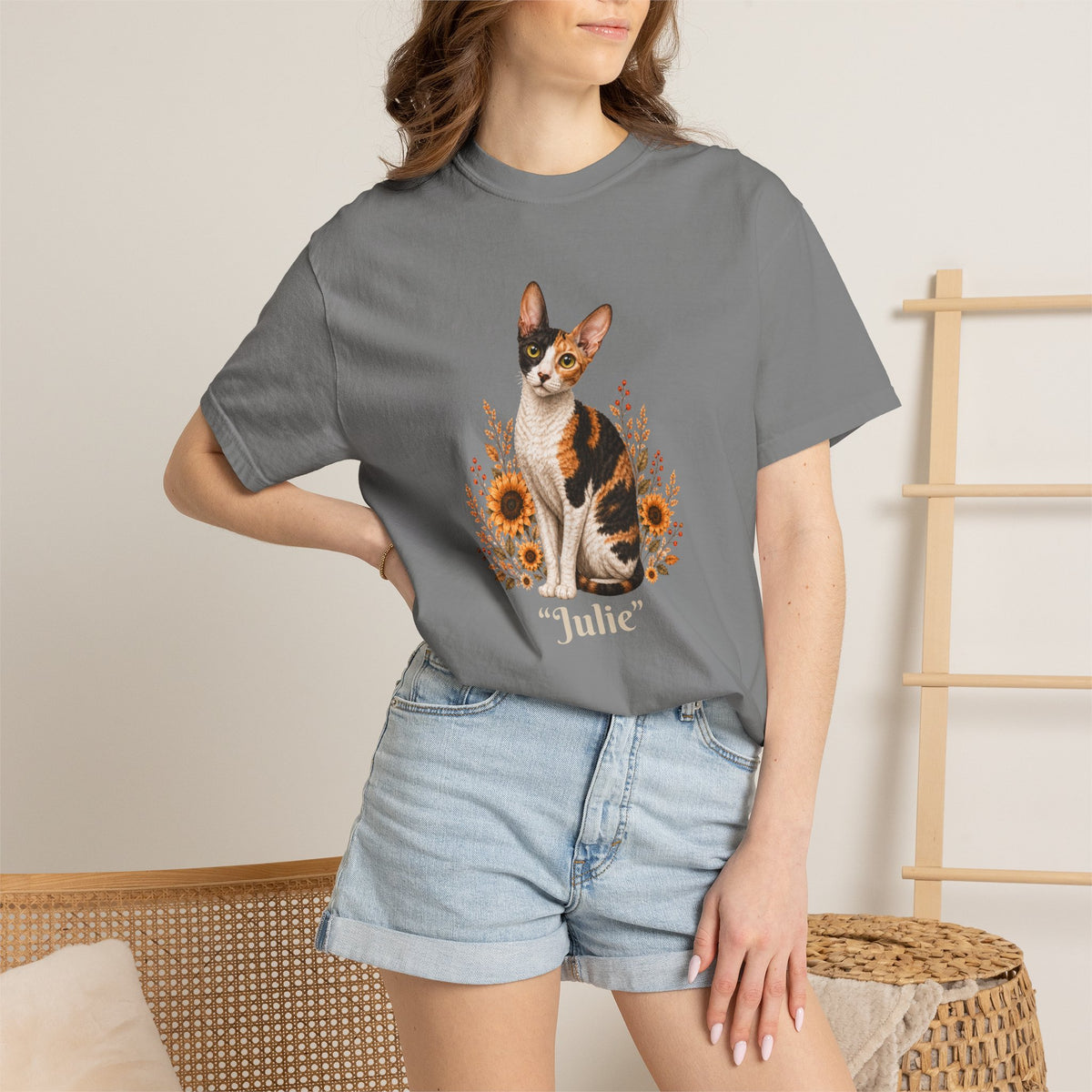 Personalized Cornish Rex Cat Sunflower Comfort Colors® T-Shirt