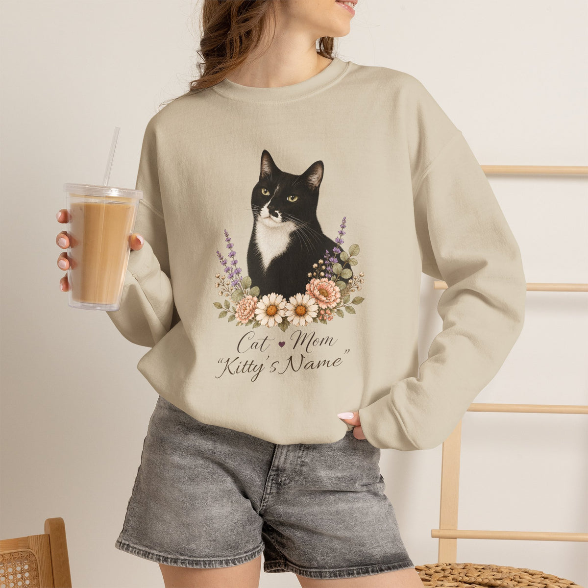 Personalized Black and White Cat Mom Gildan® Sweatshirt