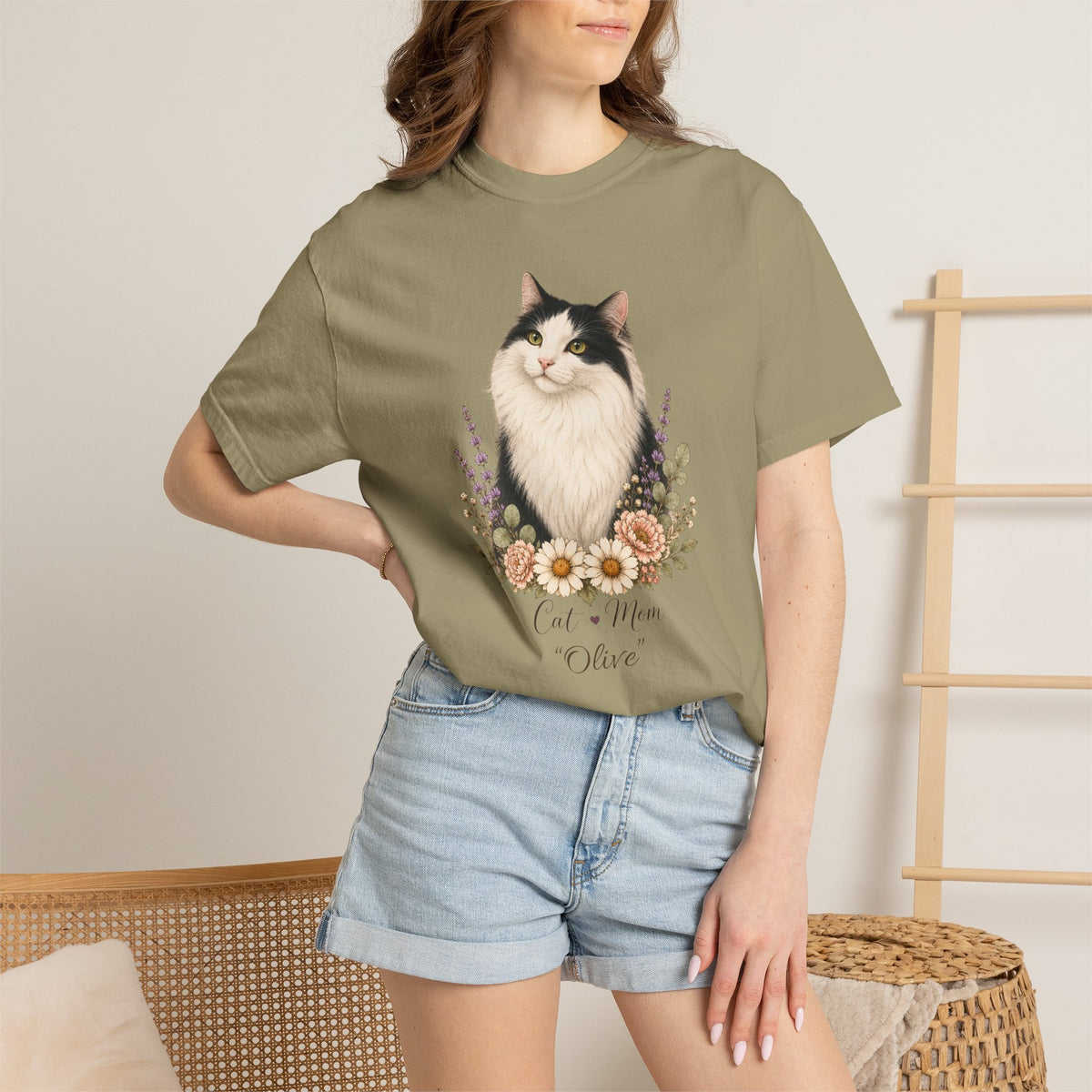 Personalized Black and White Cat Mom Comfort Colors® T-Shirt