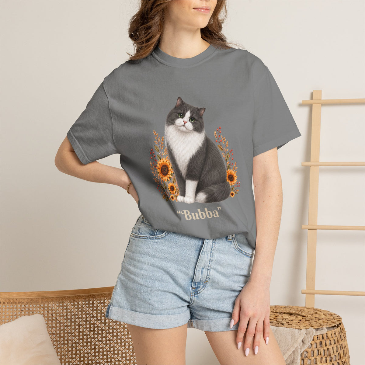Personalized Black Gray Longhair Cat Sunflower Comfort Colors® T-Shirt