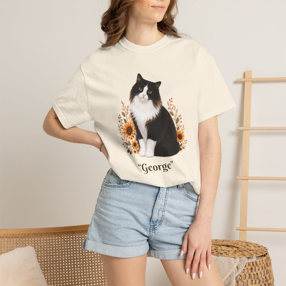 Personalized Black and White Cat  Sunflower Comfort Colors® T-Shirt