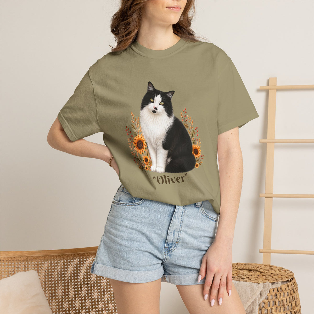 Personalized Tuxedo Cat Sunflower Comfort Colors® T-Shirt