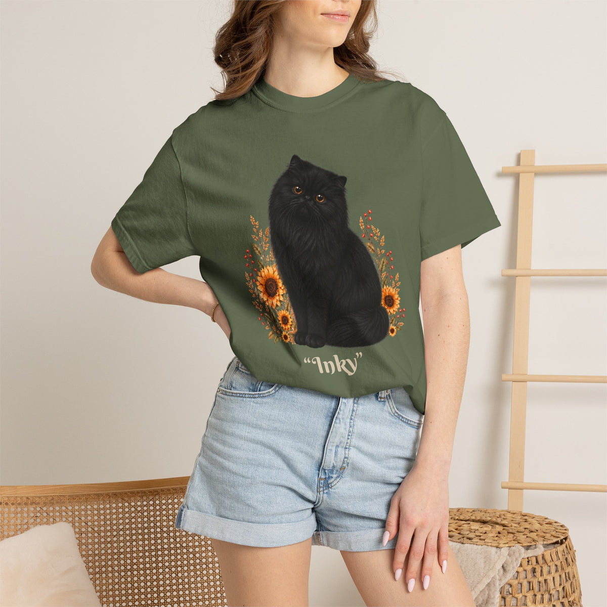 Personalized Black Persian Cat Sunflower Comfort Colors® T-Shirt