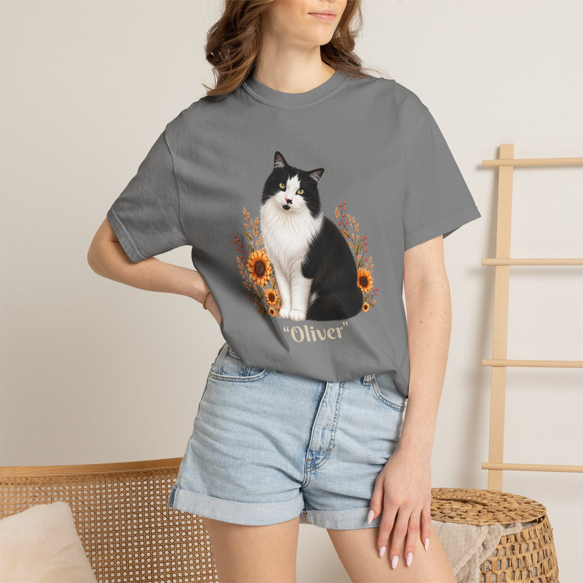 Personalized Tuxedo Cat Sunflower Comfort Colors® T-Shirt